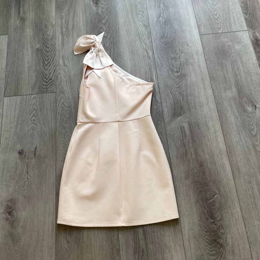 DONNA MIZANI BLUSH PINK ONE SHOULDER BOW DRESS NEW